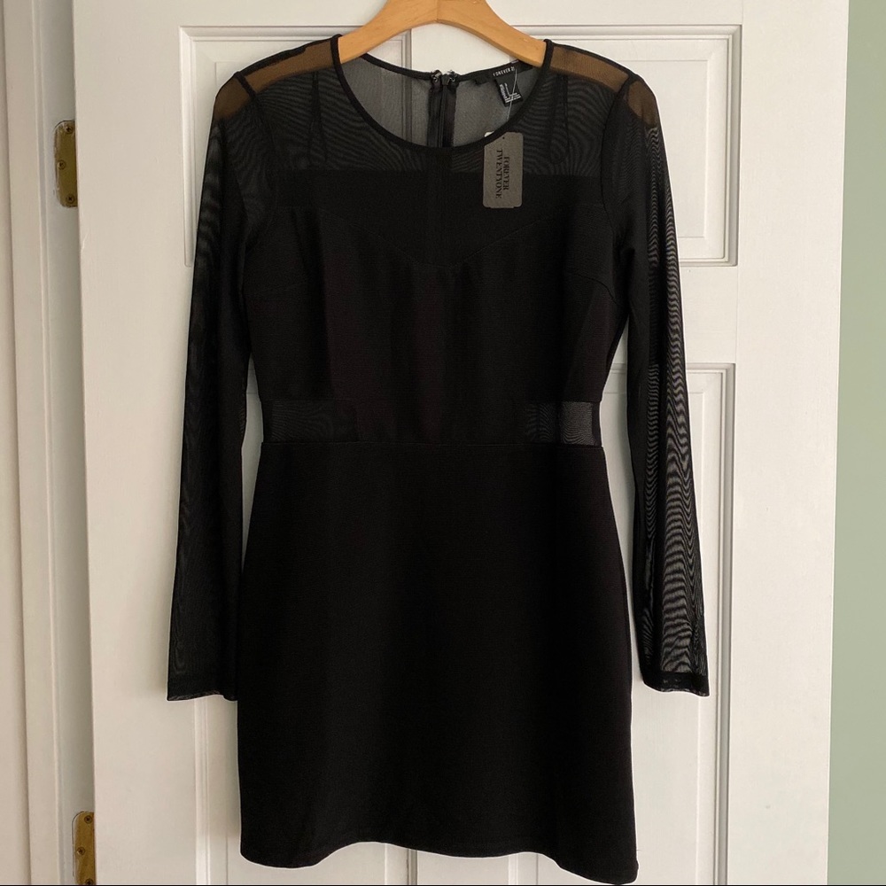 Forever 21 Black Sheer Panel Dress Long Sleeve Large